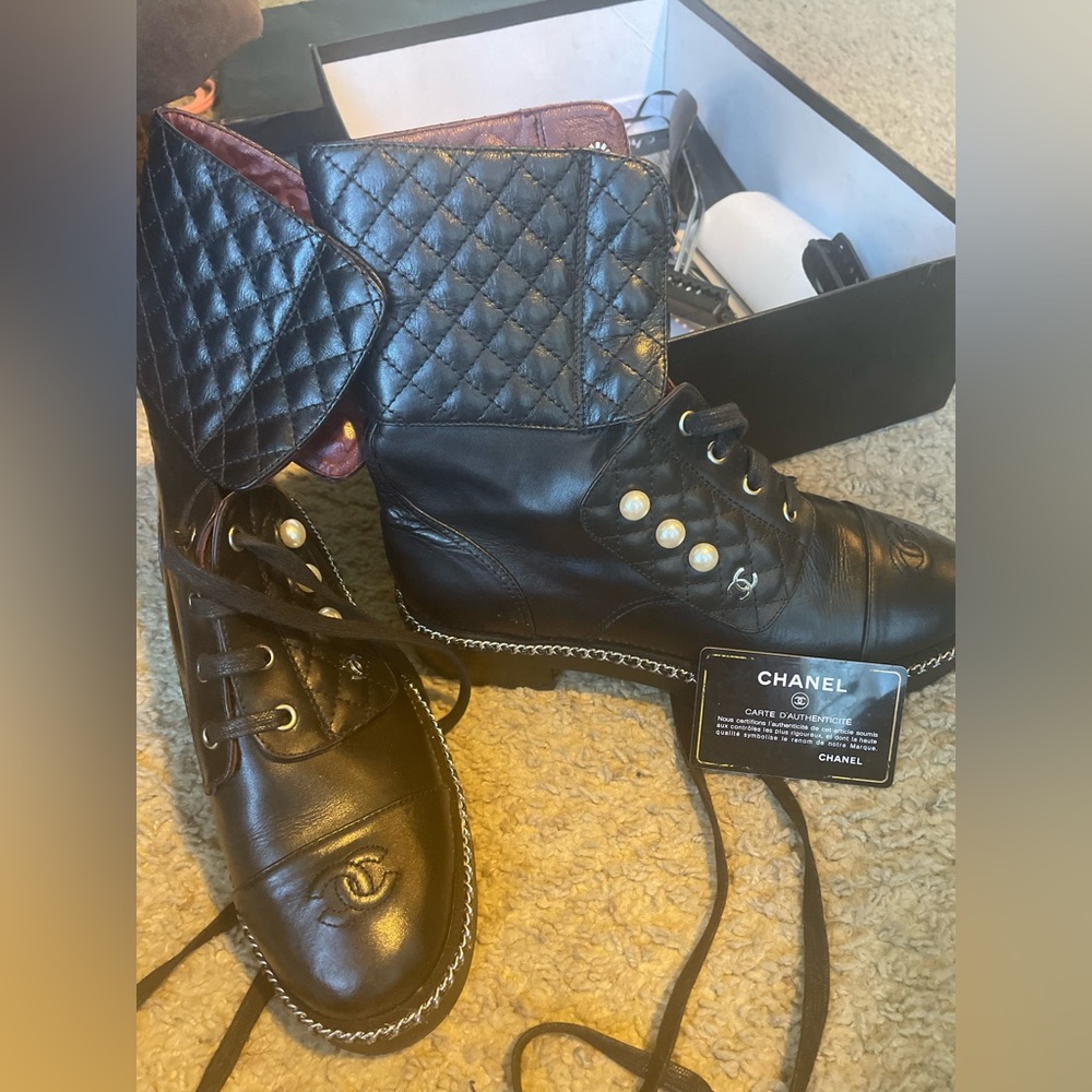 Chanel pearl combat boot